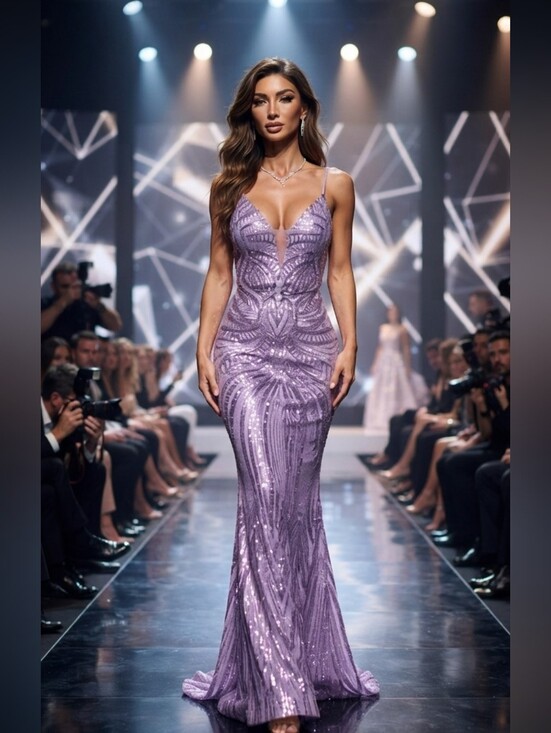 Dresses & Skirts - Purple, Geo Print, Sleeveless, Beaded Draped Back, Sequined Mermaid G…